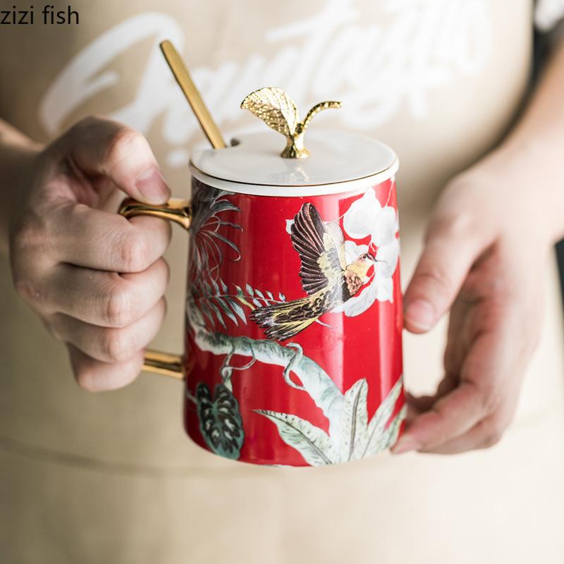 Golden Edged Ceramic Mug Spoon Lid Flower Bird Breakfast Cup Large Capacity Water Cups Coffee Cup Milk Tea Cups Flower Tea Mug
