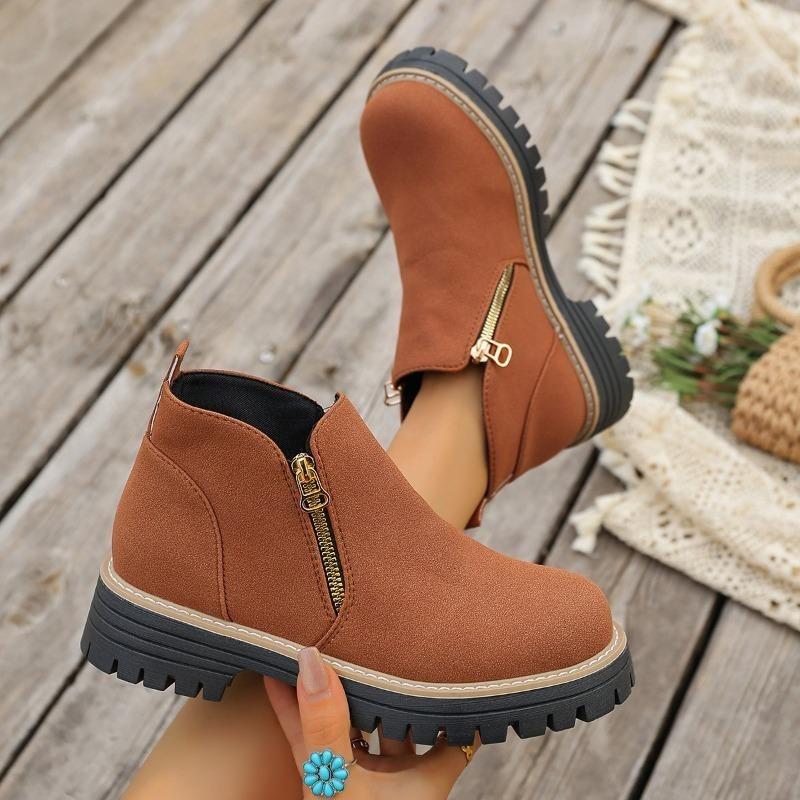 Damen Stiefeletten mit runder Zehenpartie in Überweite, Martin Boots mit Blockabsatz und Reißverschluss an der Seite, Herbst Winter Kurzstiefel für Damen