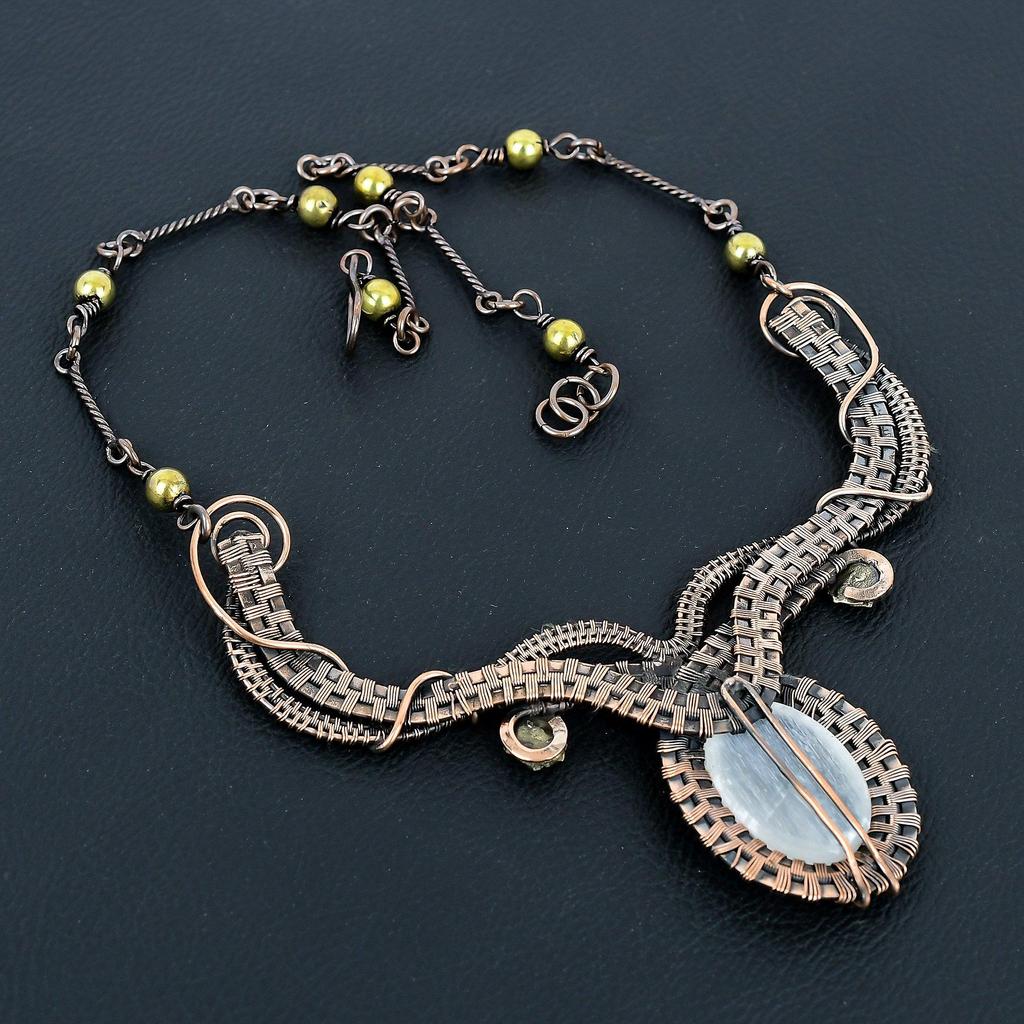 Selenite Druzy 999 Copper Wire Wrapped  Necklace with Adjustable Chain, Handmade Gemstone Jewelry Necklace For Memorial Day