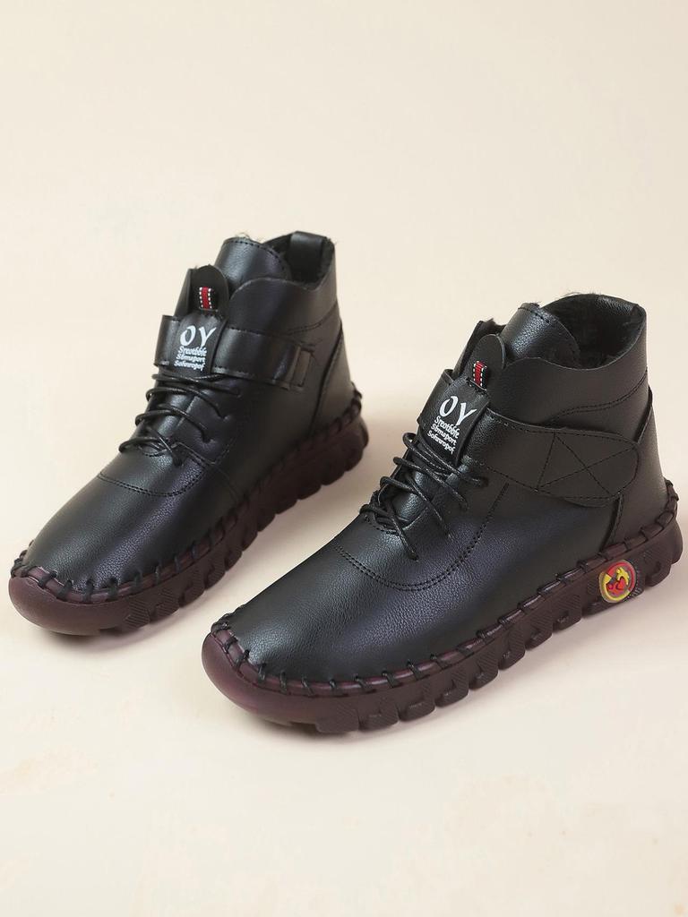 Botines de Invierno Forrados de Felpa para Mujer - Con Cordones, Punta Redonda, Cierre de Velcro, Tallas Grandes