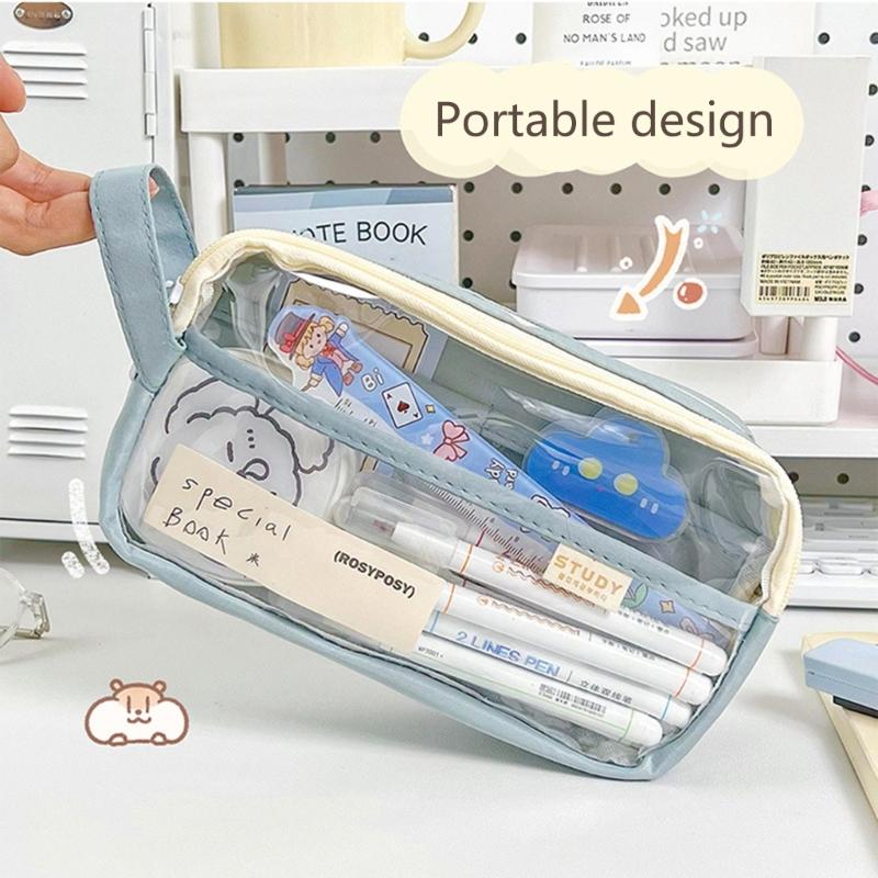 Multifunctionnal Pen Case Large Capacity Clear Pencil Case Two Large Compartment, Travel Stationeries Bag for Student