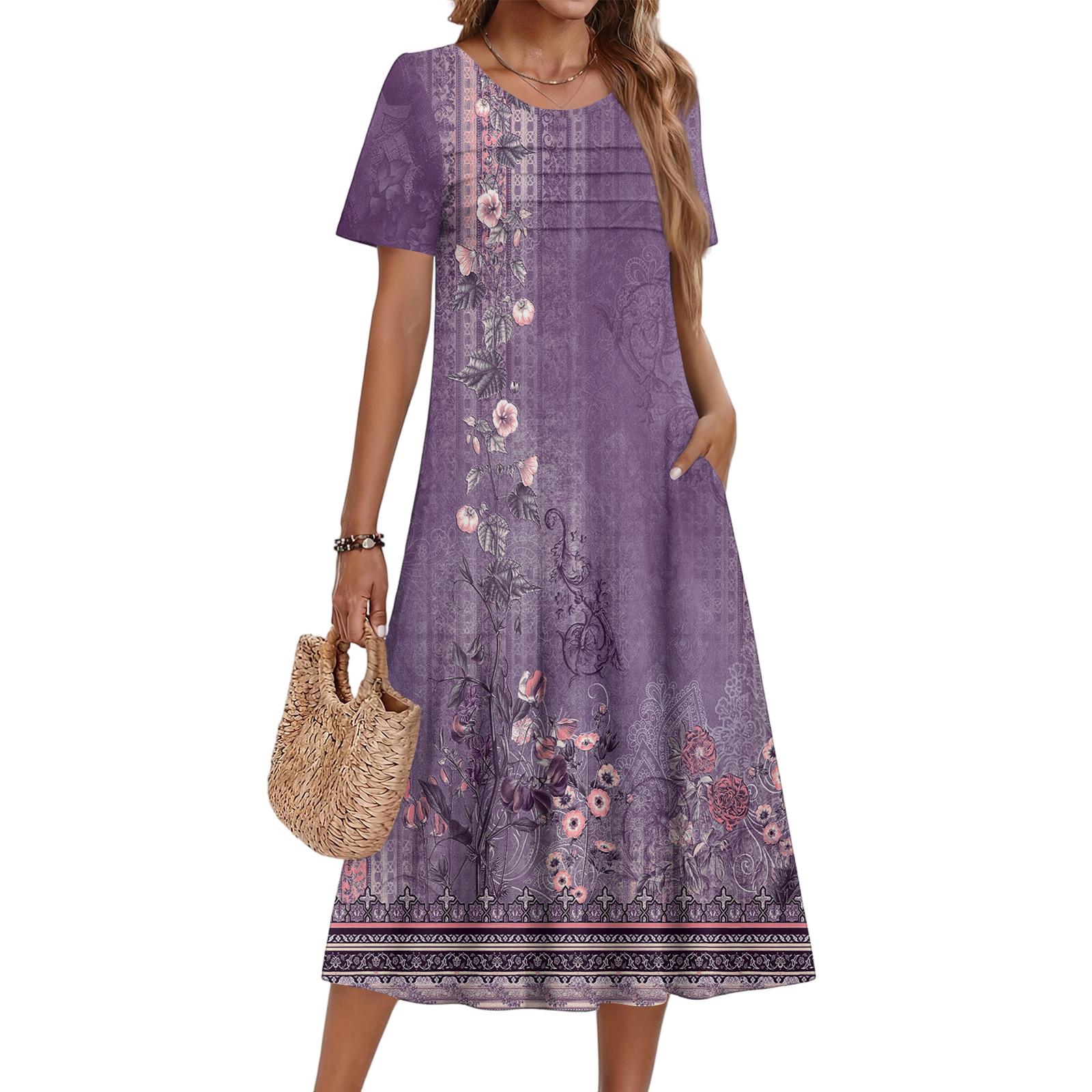 

Ladies Floral Printed Casual And Fashionable Short Sleeved Round Neck Dress XL фіолетовий