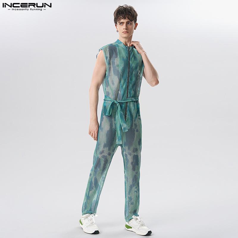 

INCERUN Мужской летний комбинезон на молнии с градиентом, сетчатый комбинезон без рукавов с принтом