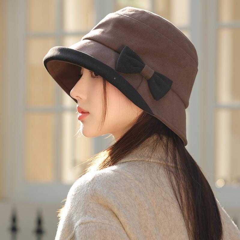 New Autumn and Winter Bow Hat for Women with High End Fisherman Hat Casual and Versatile Warm Bucket Hat Showing Face Small Basin Hat