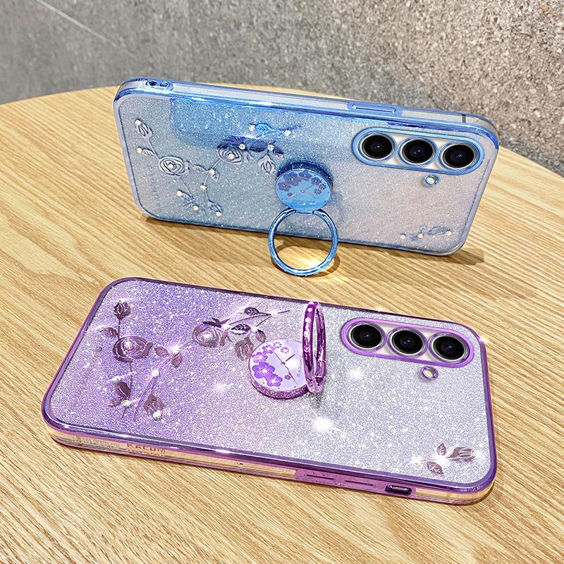 KADEM For Samsung Galaxy M52 5G Flower Pattern Back Cover Ring Kickstand Glitter Gradient TPU Phone Case