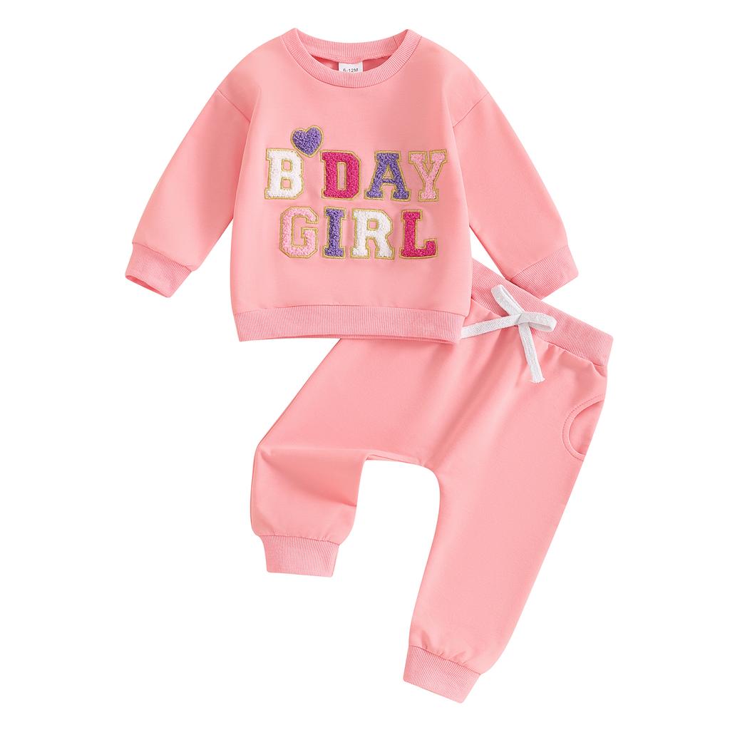 Baby Girl 2Pcs Birthday Outfits Long Sleeve Letter Embroidery Pullover + Pants Set Toddler Fall Clothes