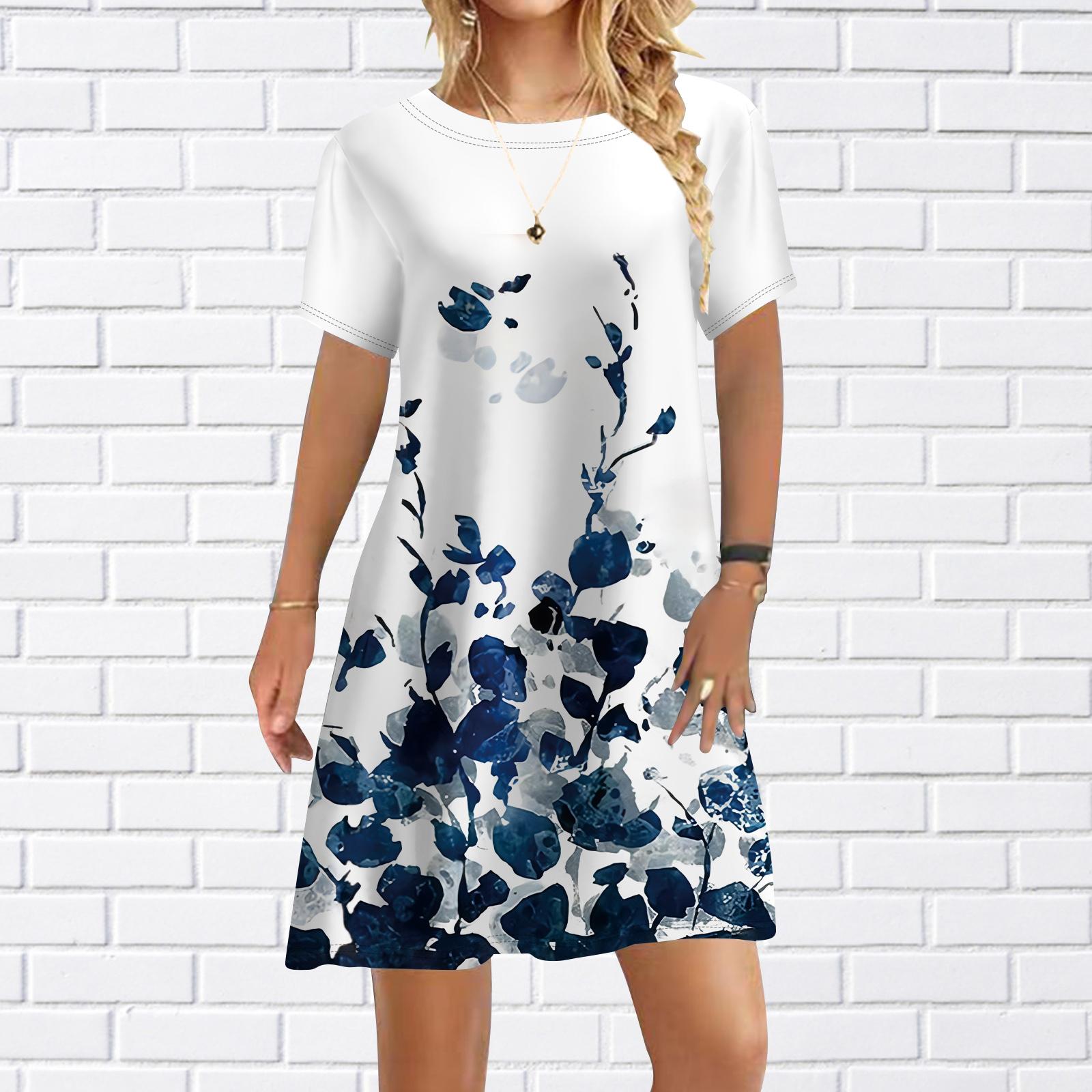 

Женское повседневное платье, летнее платье с принтом вилки и птицы, женское платье с круглым вырезом и коротким рукавом, большие размеры 8XL темно-синий