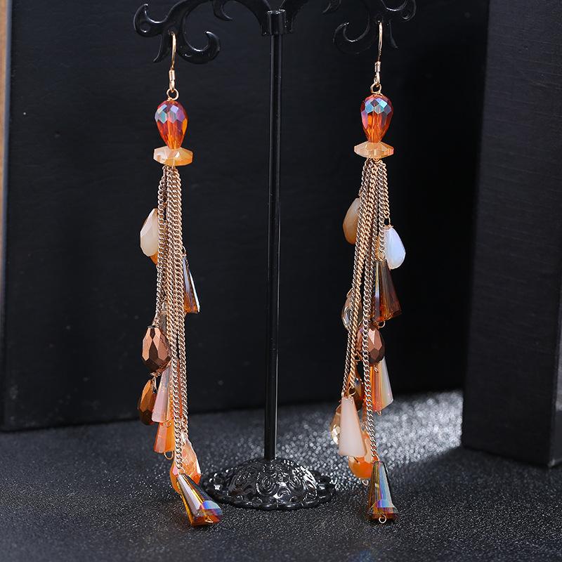 Retro trendy bohemian crystal fringed earrings 925 silver stud earrings temperament long women's personalized earrings