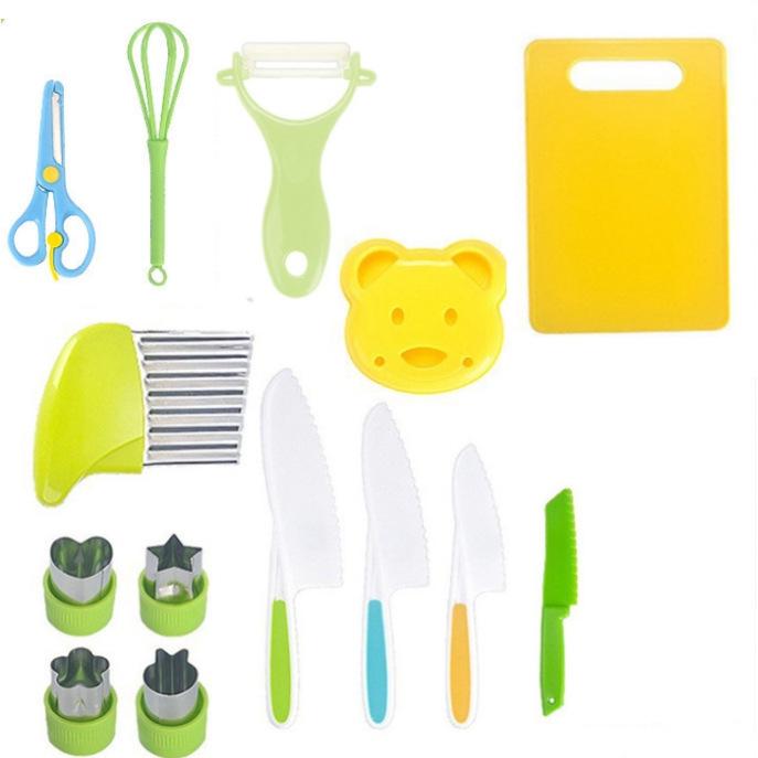 46-Piece Children's Safe Kitchen Set: Plastic Fruit & Vegetable Knives with Embossing Molds and Baby Food Tools. Multiple Styles Available.