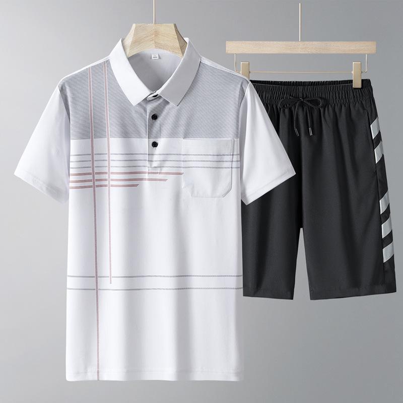 Men's Summer Ice Silk Casual Two-Piece Set: Short-Sleeved Shirt and Loose Shorts for Middle-Aged and Elderly