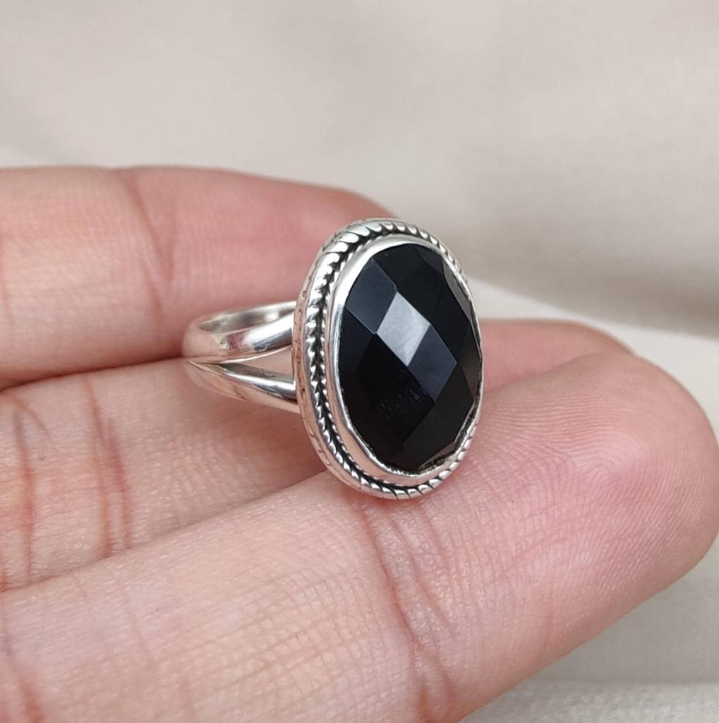 Black Onyx Ring: Faceted Oval Gemstone, 925 Sterling Silver, Boho Protection Jewelry