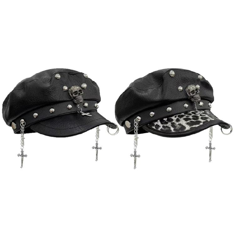 2000s Women Beret Hat Punk Rivet Decors Flat Top Cap Breathable PU Leather Octagonal Hat for Casual and Cosplay Wear