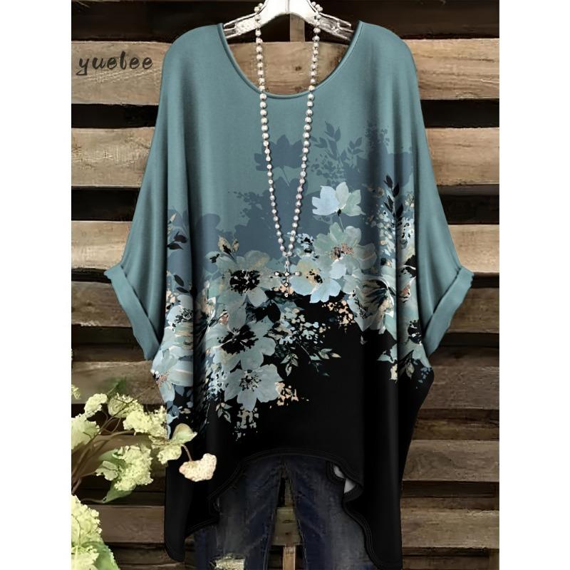 Camiseta para Mujer Estampado Floral Colorido Cuello Redondo Top Dobladillo Irregular Manga Corta Talla Grande Ropa para Mujer Casual al Aire Libre