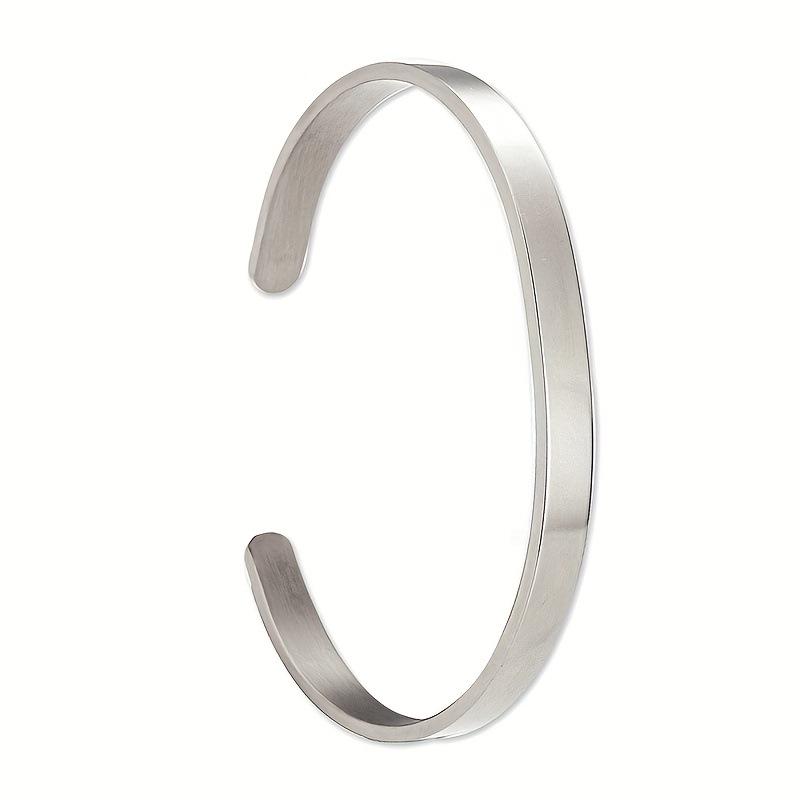 Elegant Adjustable Polished Bangle: Women's C-Shaped Bracelet with Engraved Pattern and Text Logo in Stainless Steel