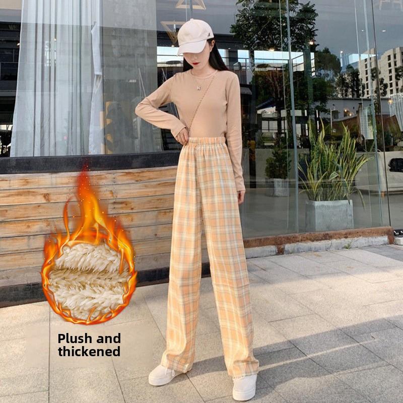 GMXIA Fleece Plaid Pants Women's Autumn and Winter Thickened High-waisted Slimming Straight Leg Casual Floor Wide Leg Pants