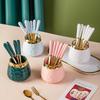 Ruhan Gold-Rimmed Fruit Fork Set with Ceramic Storage Jar