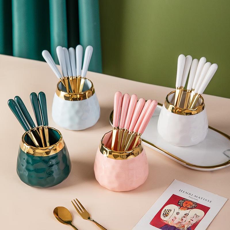 Ruhan Gold-Rimmed Fruit Fork Set with Ceramic Storage Jar