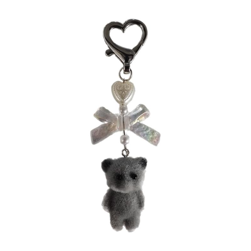 Cute fuzzy kitty cat heart bow keychain Plush Bear kitten doll kawaii bow pearl heart Keyring Backpack Bag Pendant for Women