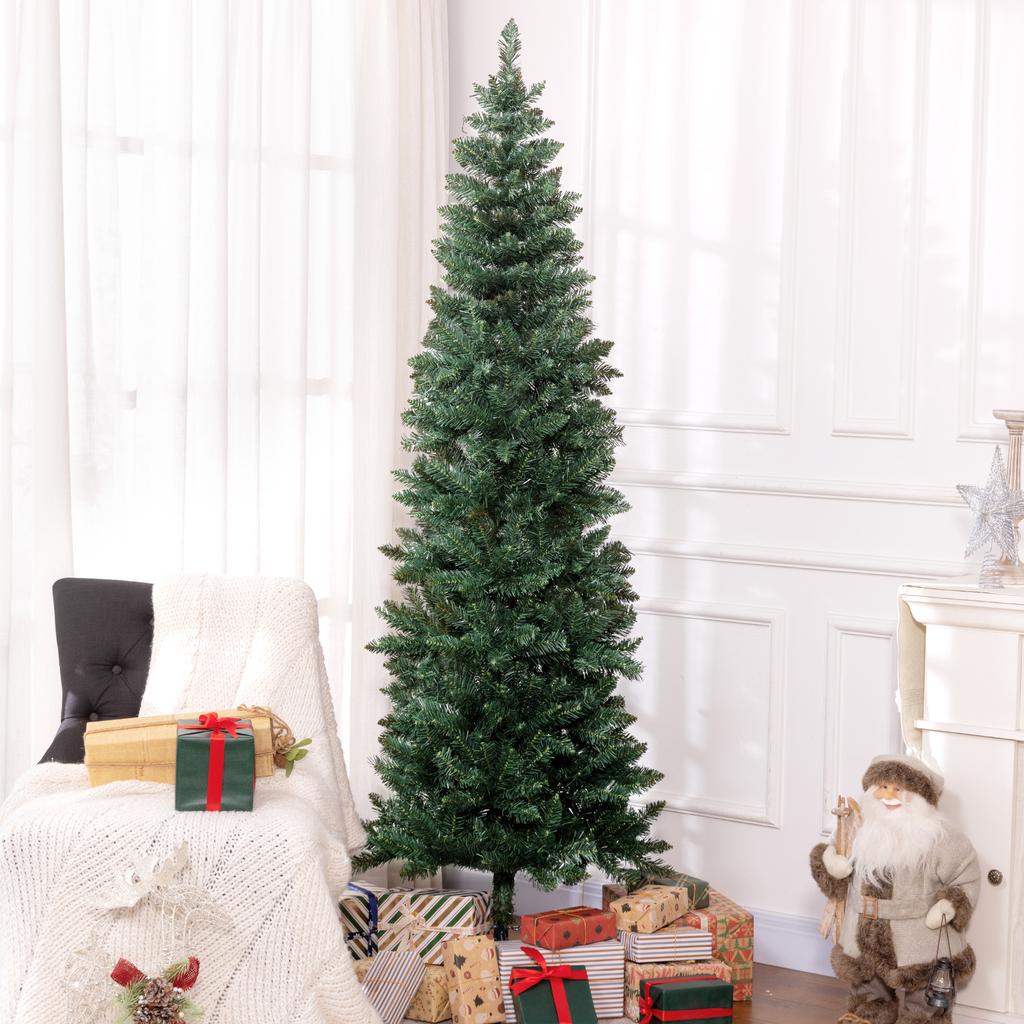210cm Pencil-Shaped Christmas Tree with Foldable Base and 687 Branches for Bedroom Office, Green