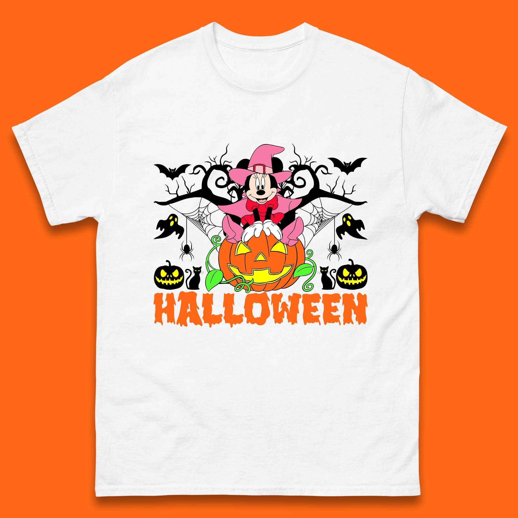 

Disney Halloween Witch Minnie Mouse Sitting On Pumpkin Horror Scary Disneyland Trip Costume Mens Tee Top 4XL