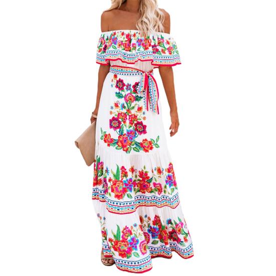 

Women Dress Floral Print Off Shoulder Temperament Strapless Slim-fitting Sundress for Party S білий