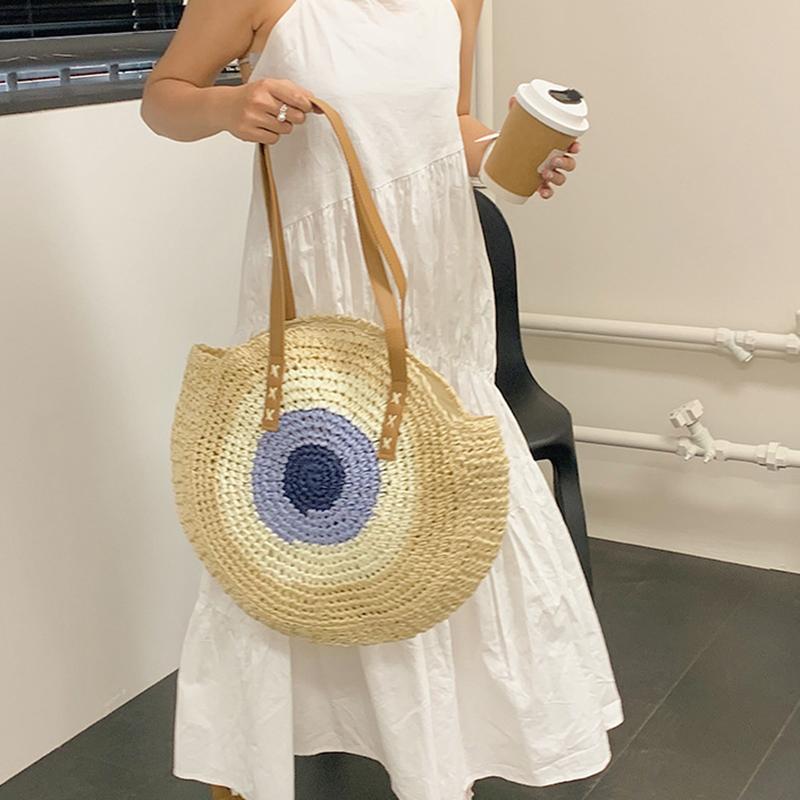 Straw Bag Women Hand-Woven Handbag Round Shape Rattan Bag Big Capacity Casual Beach Shoulder Crossbody Bag