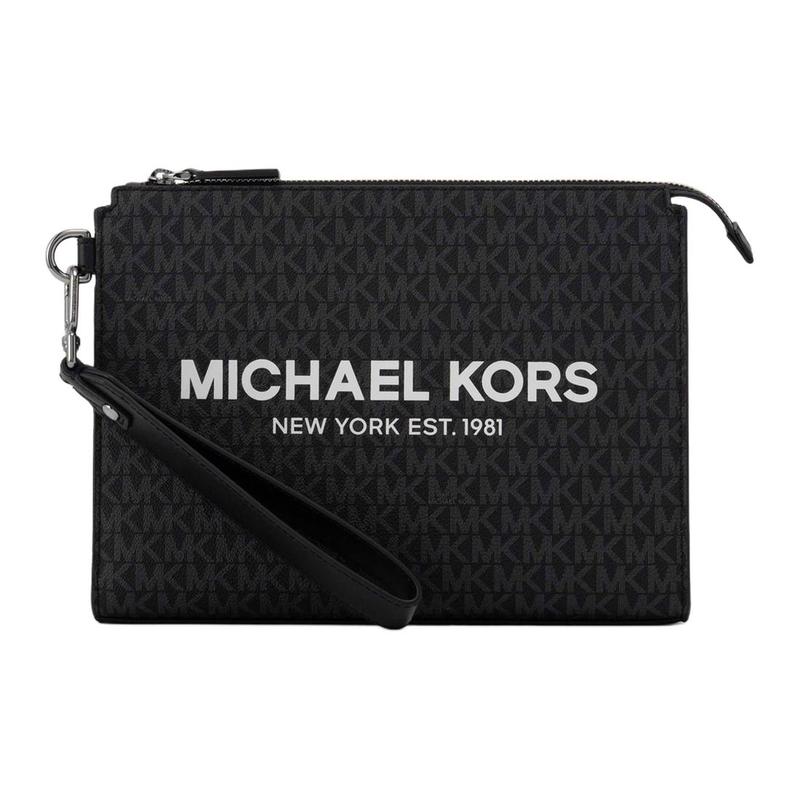 MICHAEL KORS Cooper brand print zipper closure coated canvas clutch large men s black чёрный