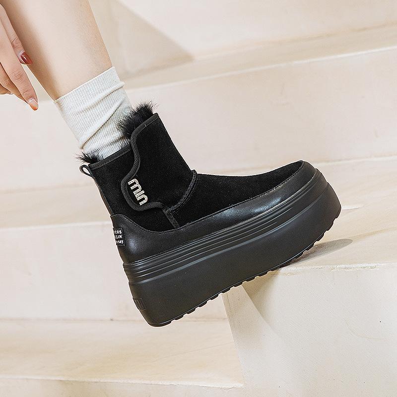 

Женские зимние сапоги теплые и утолщенные женские короткие сапоги зима 2025 новые сапоги из кроличьего меха женские сапоги с круглым носком обувь на платформе модные 39 чёрный