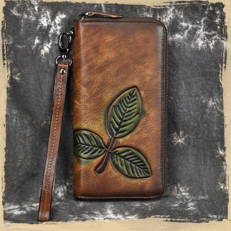 Johnature Vintage Leisure Wallet Card Holder Genuine Leather Long Women Wallets First Layer Cowhide Phone Purses
