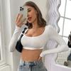 Top Corto da Donna a Manica Lunga con Scollo Quadrato Monocolore Alta Elasticità Vestibilità Aderente Maglietta Lavorata a Maglia T-shirt Casual da Allenamento Blusa Estiva