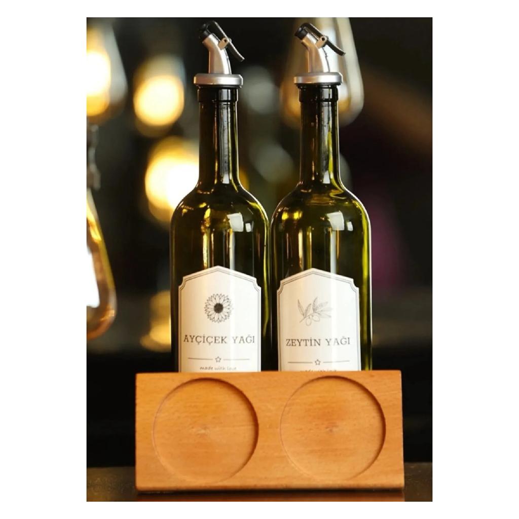 2 Pieces Amber 750ml Oil Pot Drip-proof Leak-proof Sauce Bowl Vinegar Bowl 1 Piece Wooden Stand