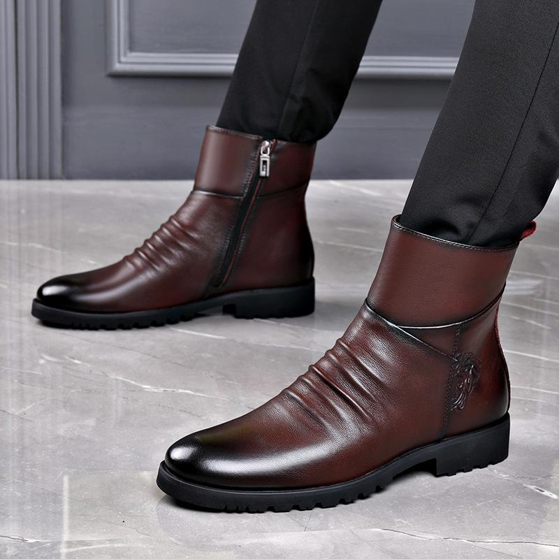 Men's Winter Casual Mid-High Martin Boots: Soft Leather, Comfortable, Fashionable, Side Zipper, Plus Velvet.