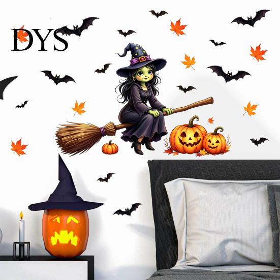 Non Marking Skeleton Bat Wall Art Cute Halloween Decals, Black Cat Witch Pumpkin Stickers, Fall Removable Festive Seasonal Interior Accents