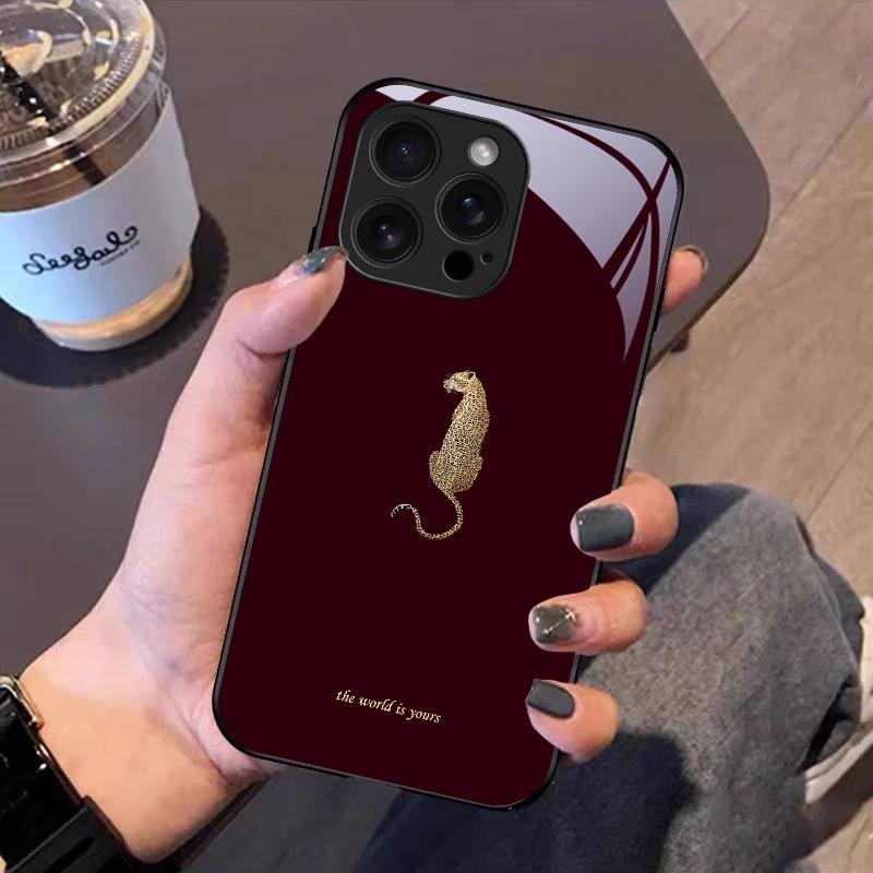 Leopardo rašto grūdinto stiklo juodas telefono dėklas, skirtas iPhone 17 16 15 14 13 12 11 Pro Max 17 Air 7 8 Plus XR XS X, atsparus smūgiams dangtelis