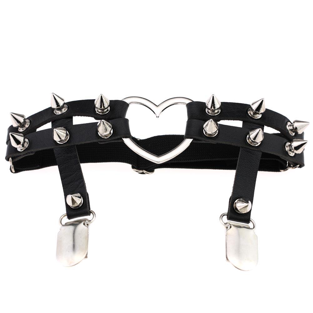 European American Harajuku Punk Heart-Shaped Leather Rivet Thigh Ring Garter One Size чёрный