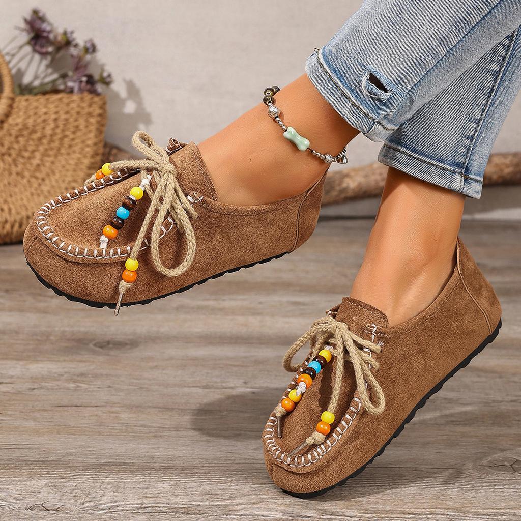 Fashion Women's Flat Shoes Round Toe Lace-up String Bead Shoes Women Leisure Retro Style One Kick Spring Autumn Single Shoes