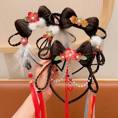 Flower Children Wig Headband Tassel Hanfu Hair Sticks Sweet Chinese New Year Headwear  Baby