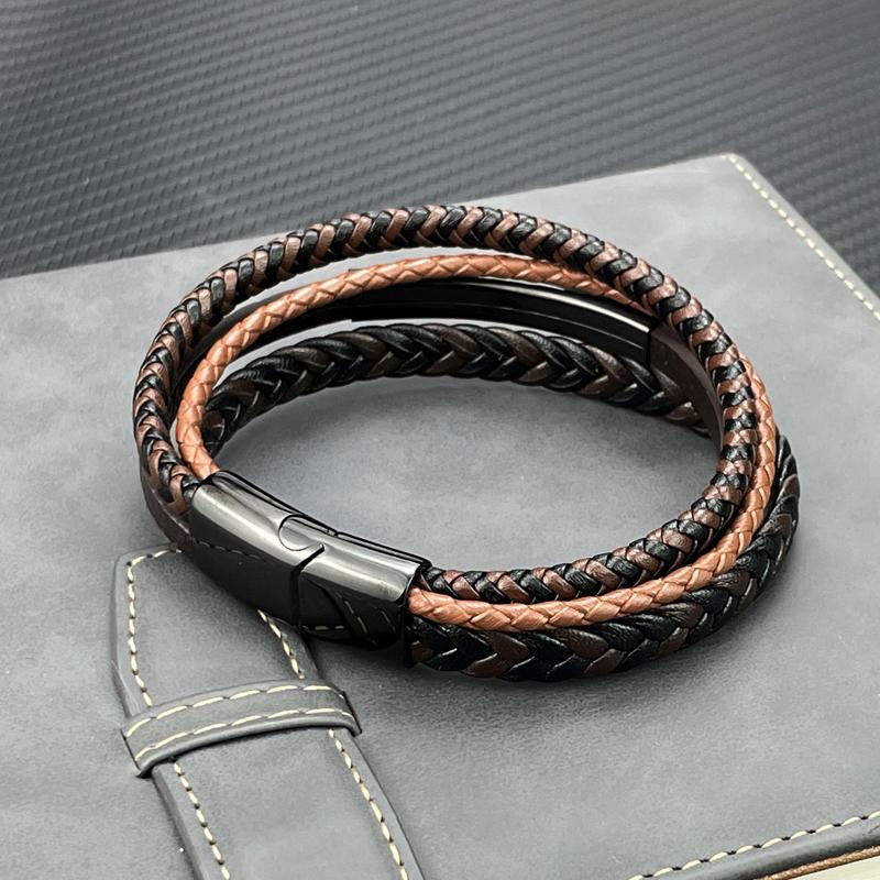 Fashion Charm Brown Men Bracelet Multilayer Leather Bracelet Punk Jewelry Stainless Steel Magnetic Clasp Bangles Boho Bracelet