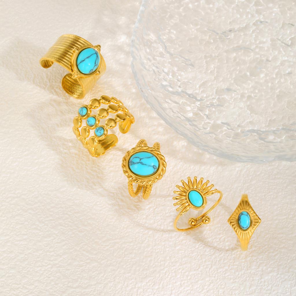 Trendy Geometric Turquoise Opening Ring for Women, Stainless Steel Oval Rings,Fashion Jewelry Mother's Day Gift