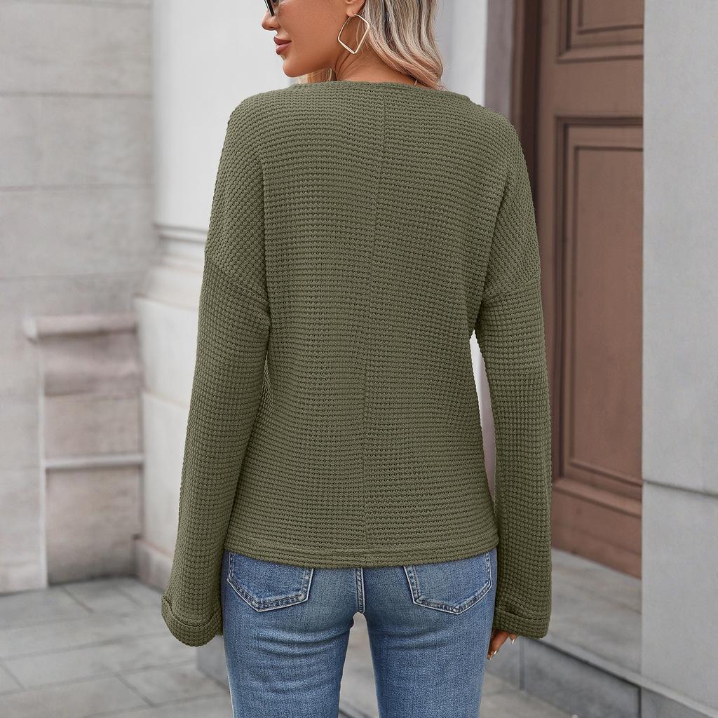 Women's Fashionable V-neck Long Sleeved Solid Color  Knitted Casual Loose T-shirt Top