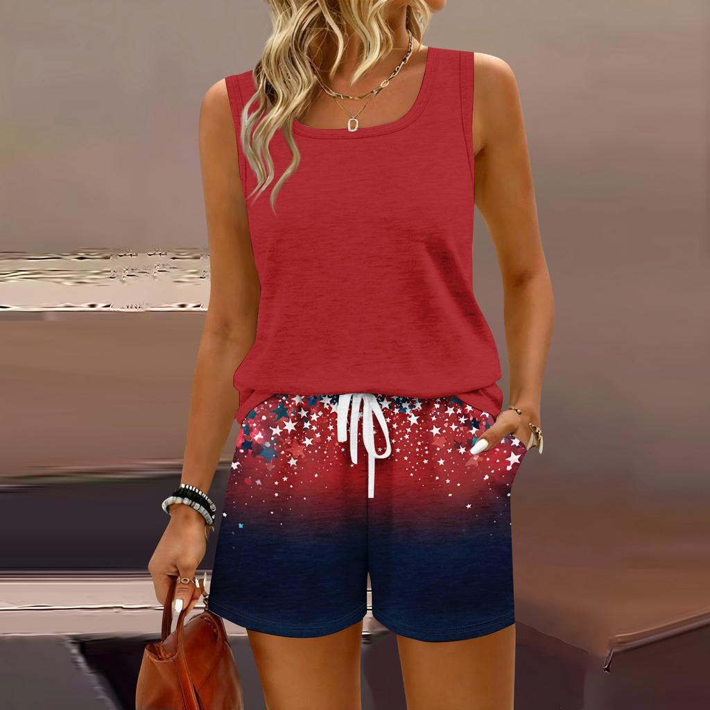 Women Summer Casual Two Piece Set Sleeveless Tank Top Square Neck and Shorts with Pockets Lightweight Lounge Wear