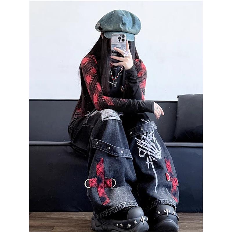 Gothic Punk Style Ripped Wide-Leg Jeans for Women