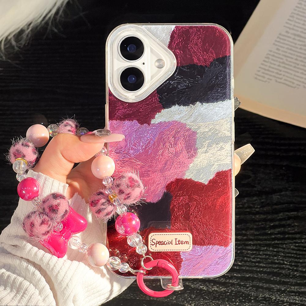 Bracelet Chain Painted Phone Case For iPhone 16 11 12 13 14 for 12 14 16 Pro 14 16 Pro Max Cute Pattern Hard Cover With Lanyard