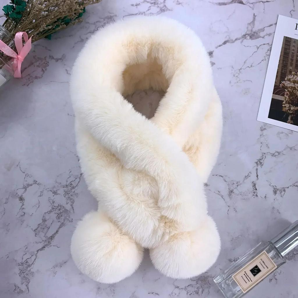 Girl's Autumn and Winter Fur Rabbit Plush Thick Warm Scarf Fashion Solid Color Fur Ball Cross Student Clothes Accessories