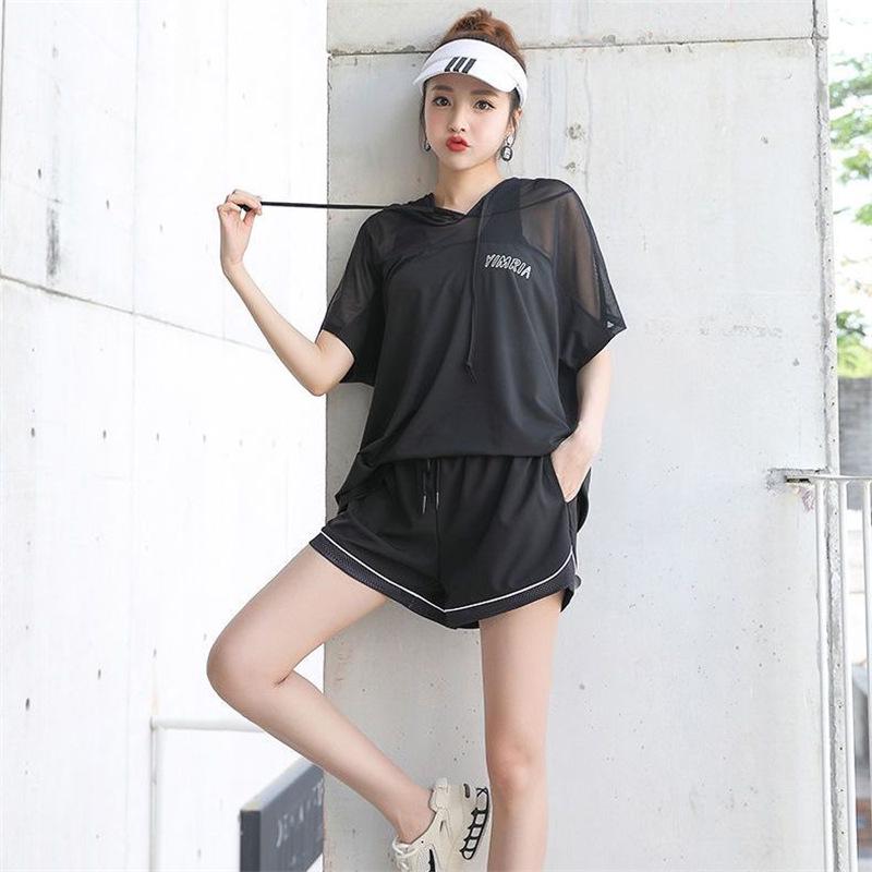 Dámská volná sada s kapucí a krátkým rukávem ve velkých velikostech, rychleschnoucí, na běh a jógu