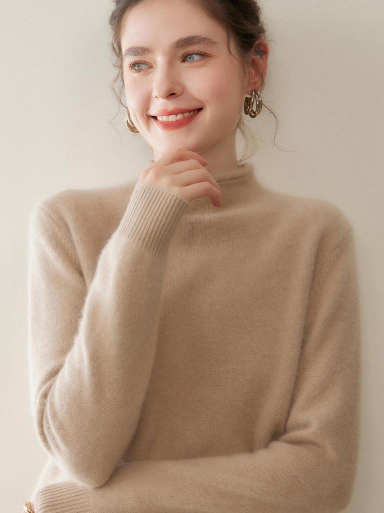 Cashmere Women's Loose Fit Half-High Neck Rolled Hem Pullover Sweater