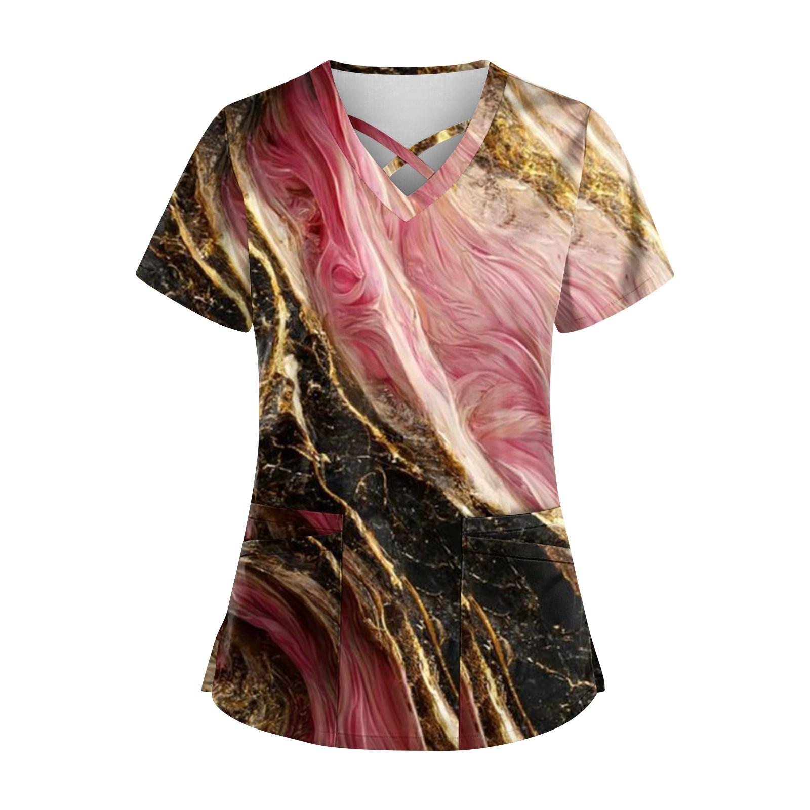 

Плюс размер, милая рабочая форма с принтом, топы для женщин, забавные футболки с перекрестным v-образным вырезом и короткими рукавами, рабочая одежда, футболка с карманами M