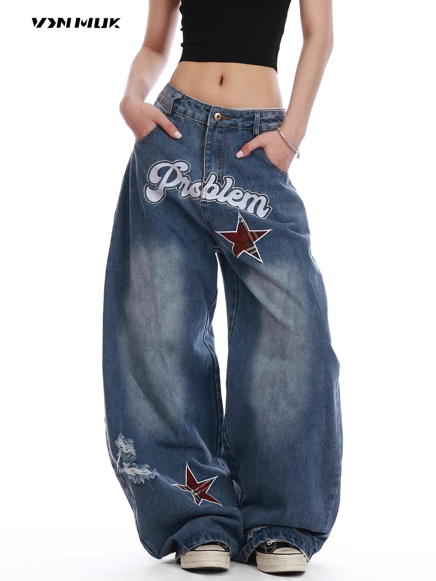 Women s American Retro Star Embroidered Loose Jeans - Summer Floor-Length Casual Pants Extra Large синий