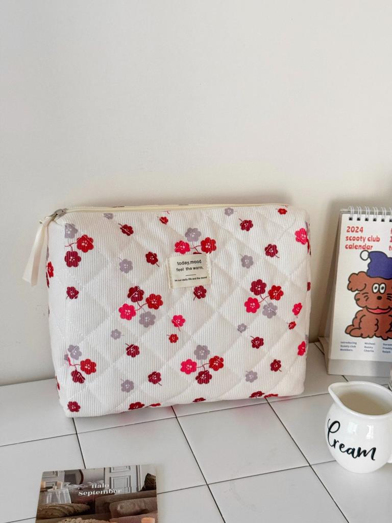 Red Flower Soft Corduroy Women's Cosmetic Bags Cases Travel Portable Ladies Storage Bag Large Capacity Female Makeup Handbag