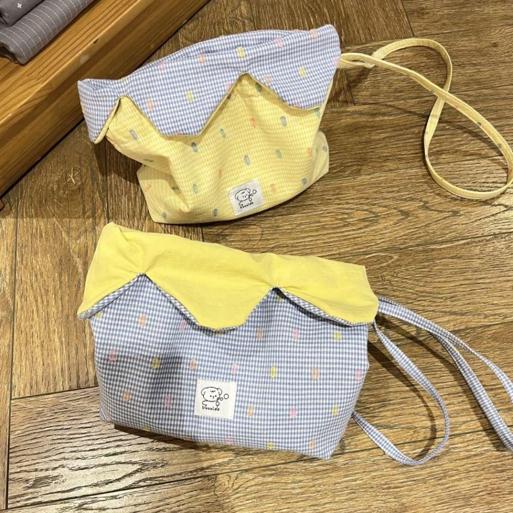 Cloth Flower Drawstring Bag Plaid Bundle Pocket Lightweight ins Shoulder Bag  Outdoor